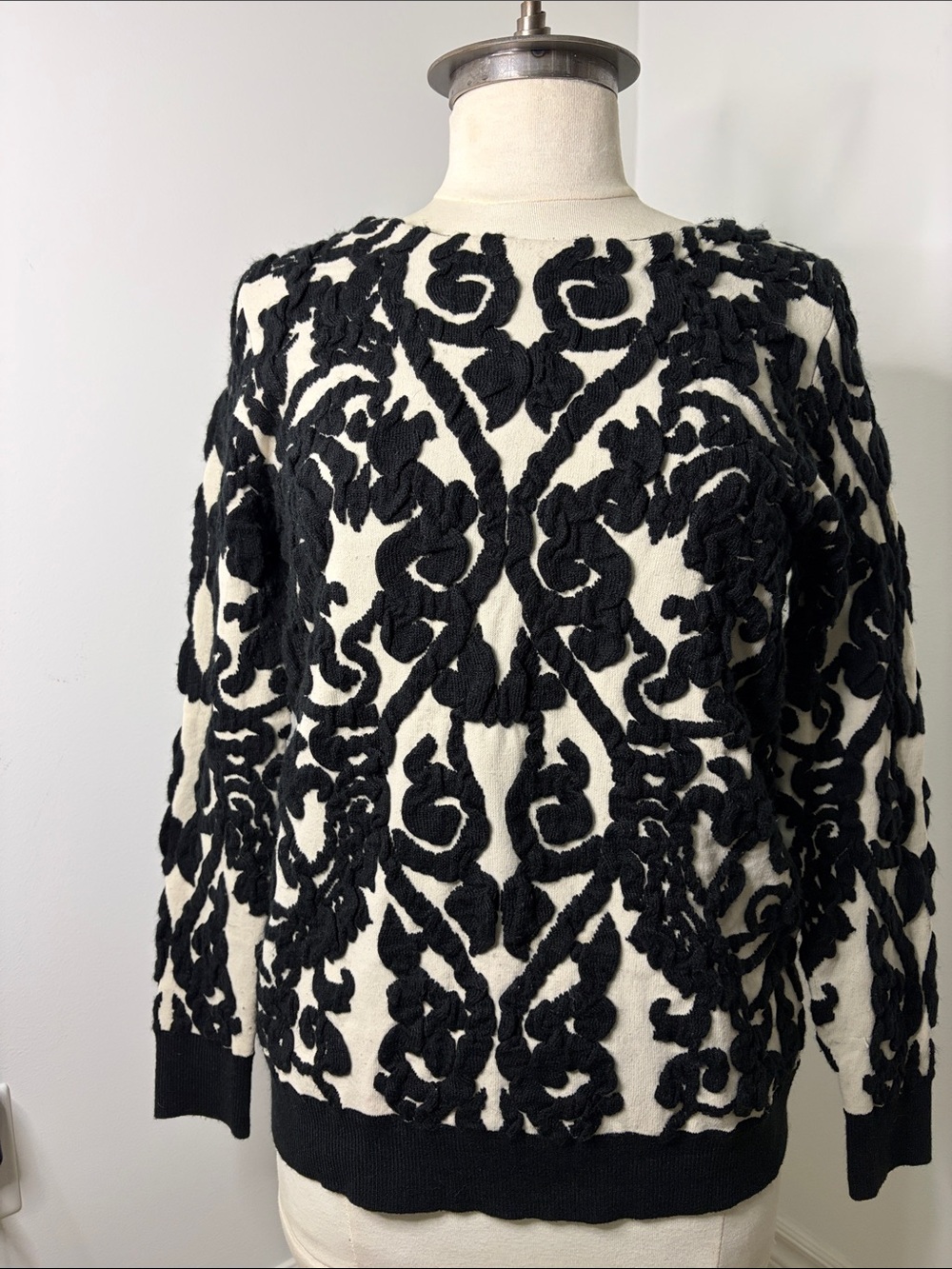 Black and White Textured Floral Sweater
